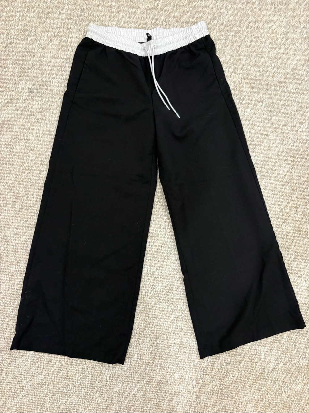 Divided Wide Leg Black Pants with White Drawstring Waist